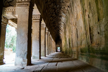 Preah Khan corridor, ancient walls and columns in the temple of the Big Circle of Angkor Wat complex                 