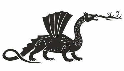 Dragon silhouette. Decorative graphics. Stylization of a medieval miniature. Vector illustration