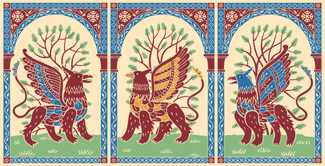 Decorative triptych of fantastic griffins. Stylization of medieval illustration.