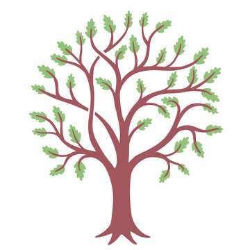 Figure brown tree with green leaves. Stylization of a medieval illustration. Graphic symbol, heraldry