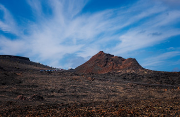 Amazing volcanic landscape of Lanzarote island, Timanfaya national park, Spain. October 2019
