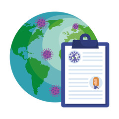world planet with particles covid 19 and clipboard vector illustration design