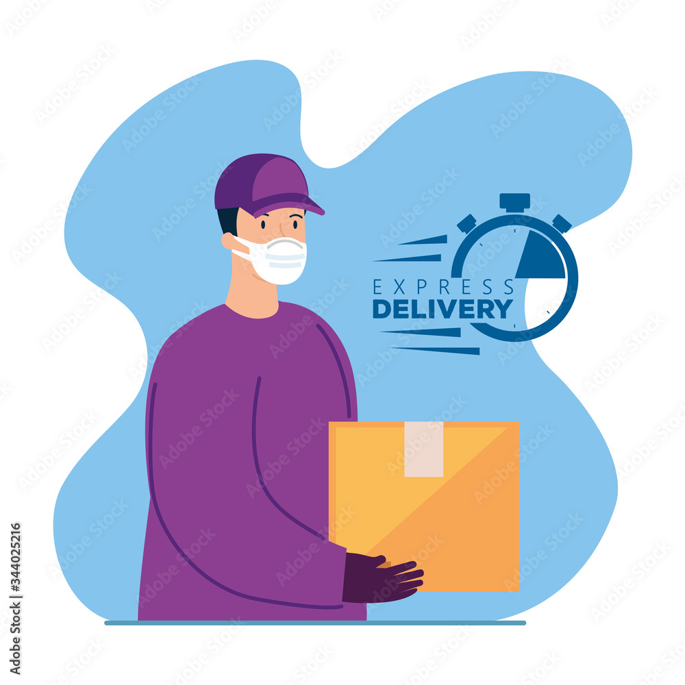 Poster delivery worker using face mask with box package vector illustration design