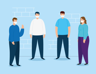 campaign of social distancing for covid 19 with people using face mask vector illustration design