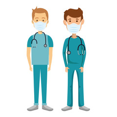 group men paramedics using face mask isolated icons vector illustration design