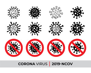 Coronavirus 2019-nCoV. Corona virus icon. Corona virus with red stop sign. Black on white background isolated. virion of Corona-virus. corona virus infection. Vector