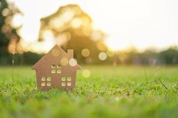 Foto op Canvas Closed up tiny home model on green grass with sunlight background. © ant