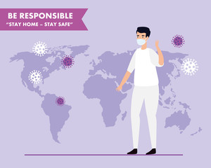 campaign of be responsible stay at home with paramedic and world map vector illustration design