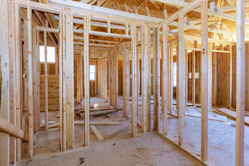 Beams the view of interior of frame house under construction residential house in American