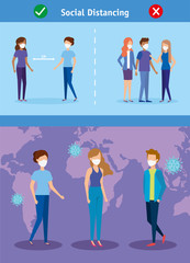 set banners campaigns of social distancing for covid 19 with people vector illustration design