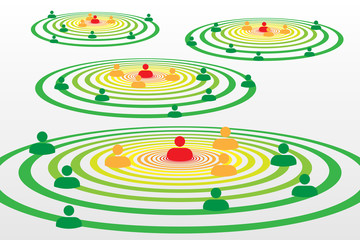 People silhouette symbols in concentric circles concept with Covid-19 contact tracing system with red, orange and green alerts - Social distancing - 344032602