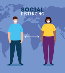 campaign of social distancing for covid 19 with couple using face mask vector illustration design