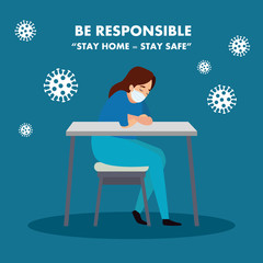 campaign of be responsible stay at home with paramedic female worried vector illustration design