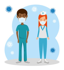 male paramedic and nurse using face mask with particles covid 19 vector illustration design