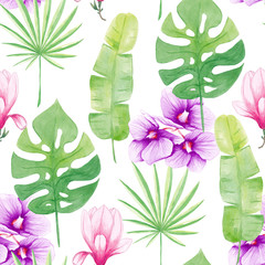 Watercolor seamless pattern tropical leaves, Orhidea and Magnolia. Trendy floral illustration Isolated on white background. Hand drawn. Easy for design, print, fabric, invitations, cards, wall art.