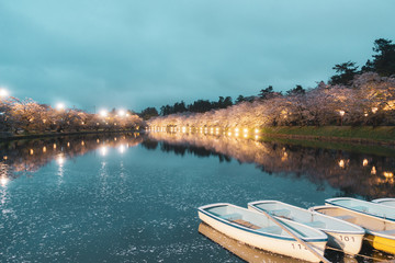Boat along West Moat of Hirosaki Park. Hirosaki Park is one of Japan's best cherry blossom spots at Aomori, Japan.