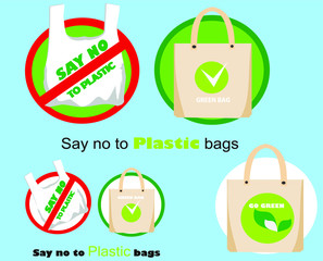 Pollution problem concept. Say no to plastic bags, bring your own textile bag. Cartoon styled images with signage calling for stop using disposable polythene package. Vector illustration.