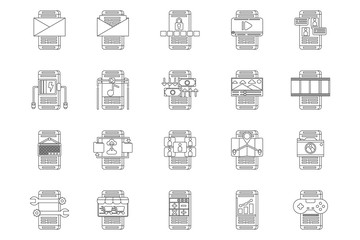 20 smartphone application black outline icon design. Modern technology lineal icon set.