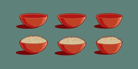 Bowls with rice dish, full and empty. Set of cartoon vector icons. Boiled rice in traditional asian red dishware.