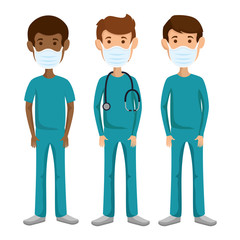 group men paramedics using face mask isolated icons vector illustration design