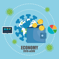economy impact by 2019 ncov with wallet and icons vector illustration design