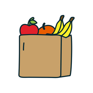 paper bag with fruits icon, line and fill style