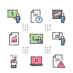 Business Training Filled Outline Icons. Colorful Linear Set Vector Line Icon. Class, Presentation, Mentoring and more. 64x64 Pixel Perfect. Editable Stroke