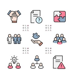 Team Work Filled Outline Icons. Colorful Linear Set Vector Line Icon. Cooperation, Collaboration, Team Meeting and more. 64x64 Pixel Perfect. Editable Stroke