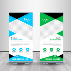 Corporate Roll-up for exhibitions, banner for seminar, layout for placement of photos. Universal stand for conference.	
