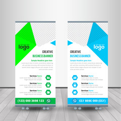 Corporate Roll-up for exhibitions, banner for seminar, layout for placement of photos. Universal stand for conference.	
