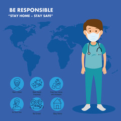Fototapeta na wymiar campaign of be responsible stay at home with paramedic using face mask vector illustration design