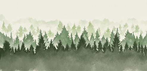 Hand drawn watercolor painting of christmas tree forest landscape. Wide copy space background - obrazy, fototapety, plakaty