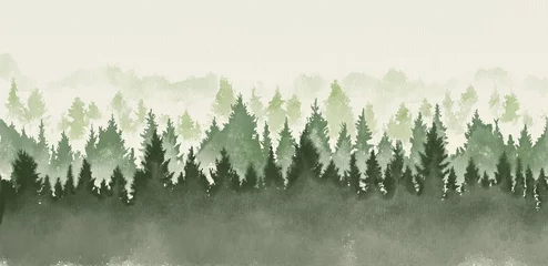  Hand drawn watercolor painting of christmas tree forest landscape. Wide copy space background © Brushinkin paintings