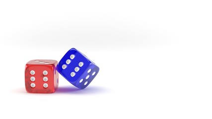 Red and blue dice on white background. 3D illustration.