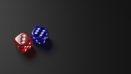Red and blue dice on black background. 3D illustration.