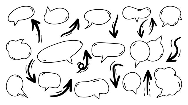 Hand drawn arrows and speech bubble vector set.