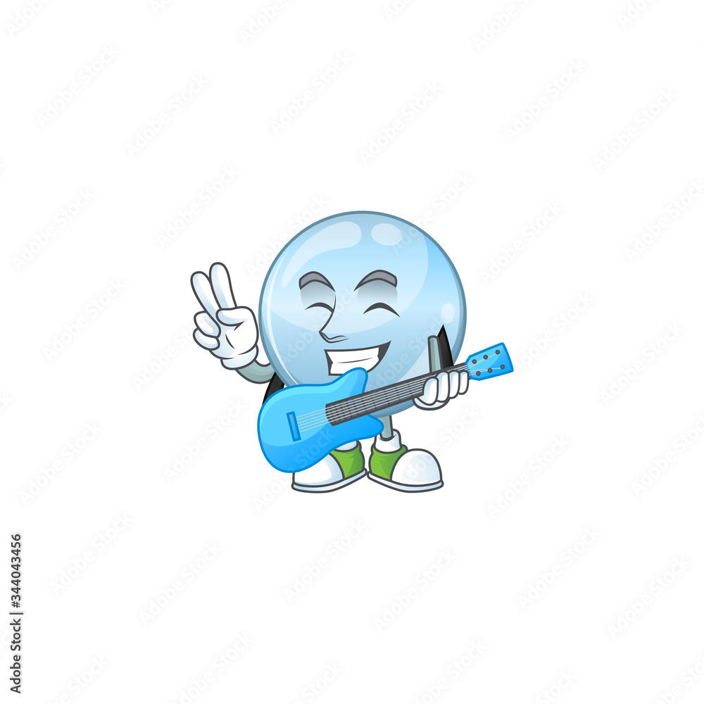 Sticker Happy face of collagen droplets cartoon plays music with a guitar