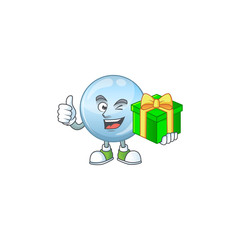 Smiley collagen droplets cartoon character holding a gift box