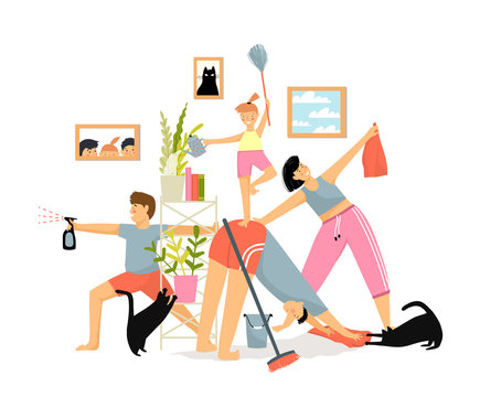 Humorous funny everyday family routine cartoon concept. Smiling family parents with children and cats cleaning house together house with different tools on white background. Vector flat illustration.