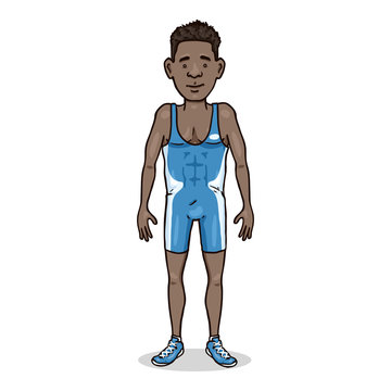 Vector Cartoon Young African Man in Blue Wrestling Equipment