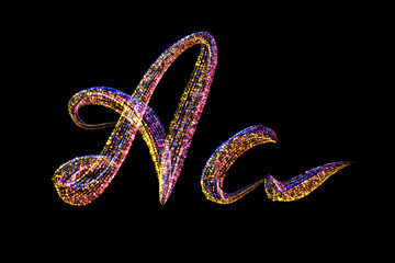 A - uppercase and lowercase letters handwritten made of multicolored luminous circles isolated on black background. Part of Alphabet series