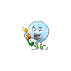 Mascot cartoon design of collagen droplets making toast with a bottle of beer