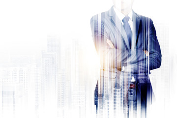 Double exposure image of businessman with city view.The boss have vision and leadership for...