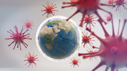 Obraz na płótnie Canvas Earth with bubble shield surrounded by virus, protect world from COVID 19 outbreak concept. 3D rendering.