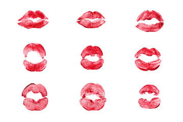 Red lipstick kiss print set on white background isolated close up, sexy pink lips makeup stamp collection, different shapes female kiss print, love sign, passion symbol, group of icons
