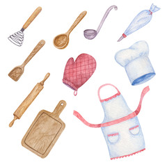Set of watercolor kitchen tools. For napkins, textile, notebooks and etc