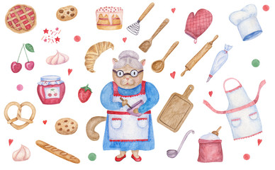 Set of watercolor cat, kithen tools, pastry. For textile, napkin, menu, books