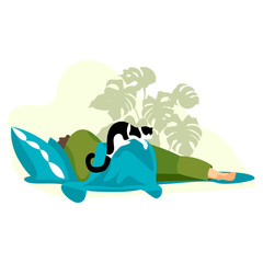 a man is sleeping in a bed. man and cat. vector image of a sleeping person rear view