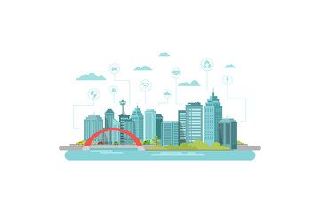 illustration of a smart city with a bridge and a smart transportation flat design