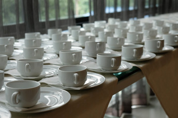 many  coffee cup set up for tea break in business meeting conference refreshing up afternoon